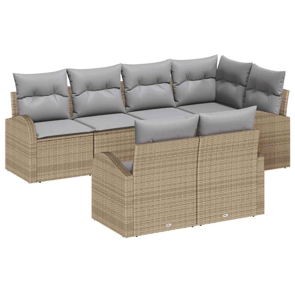 Gartensofa-set mit Kissen 7 pcs Beige und Hellgrau Poly-Rattan