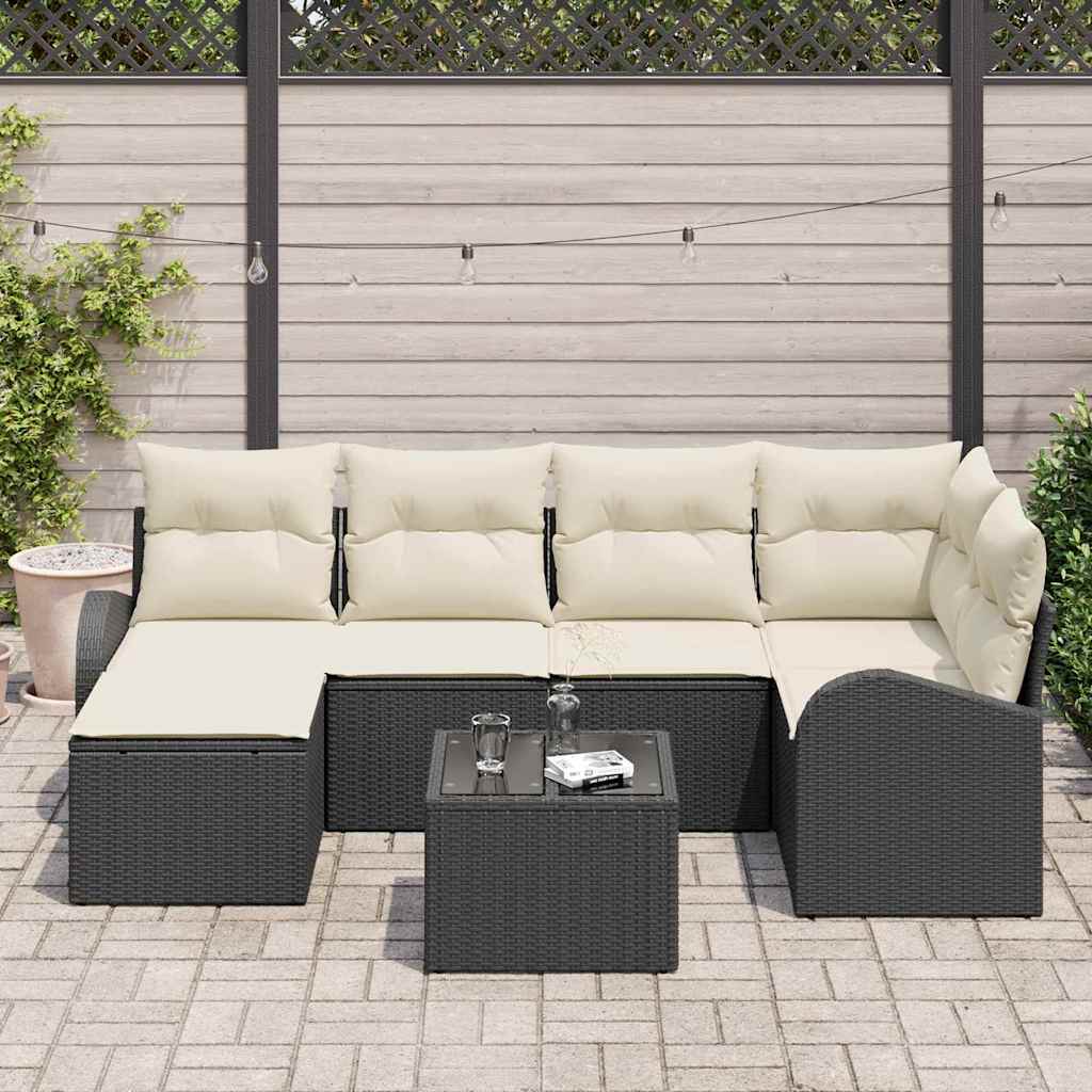Sofa Set mit Kissen 7 pcs Schwarz und Weiß Poly-Rattan