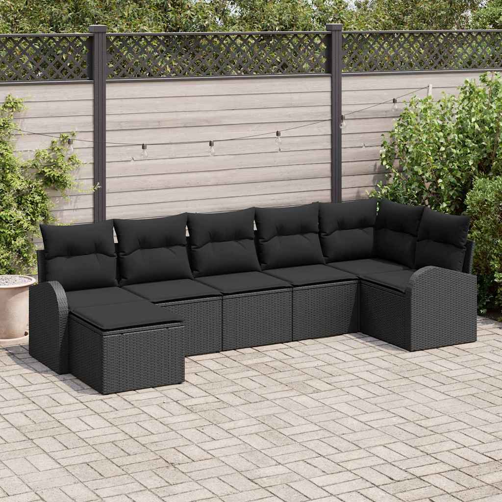 vidaXL Sofa Set mit Kissen mit Speicher 7 pcs Schwarz Poly-Rattan