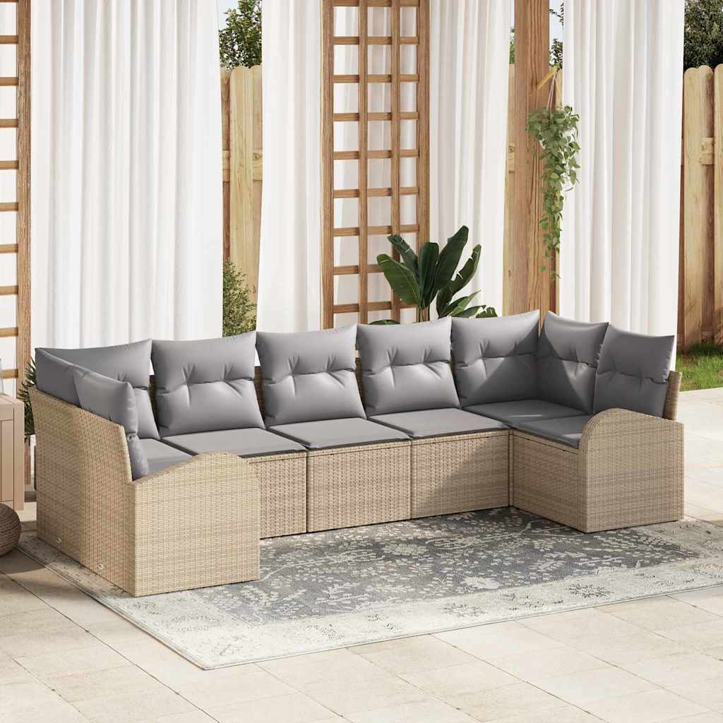 Gartensofa-set mit Kissen 7 pcs Beige und Hellgrau Poly-Rattan