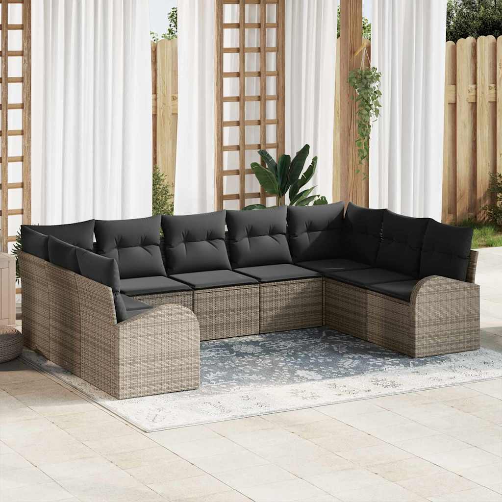 Gartensofa-set mit Kissen mit Speicher 9 pcs Grau Poly-Rattan