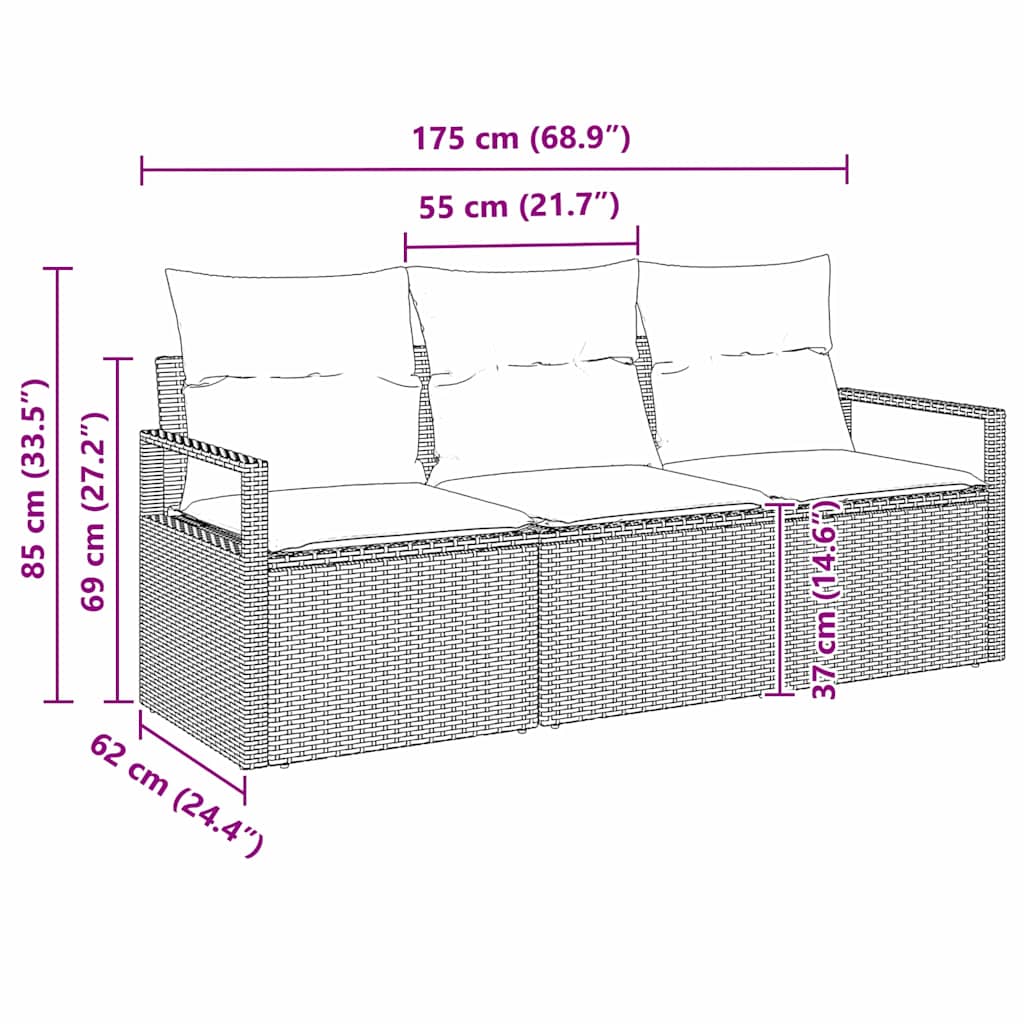 vidaXL Gartensofa-set mit Kissen 3 pcs Hellgrau Poly-Rattan