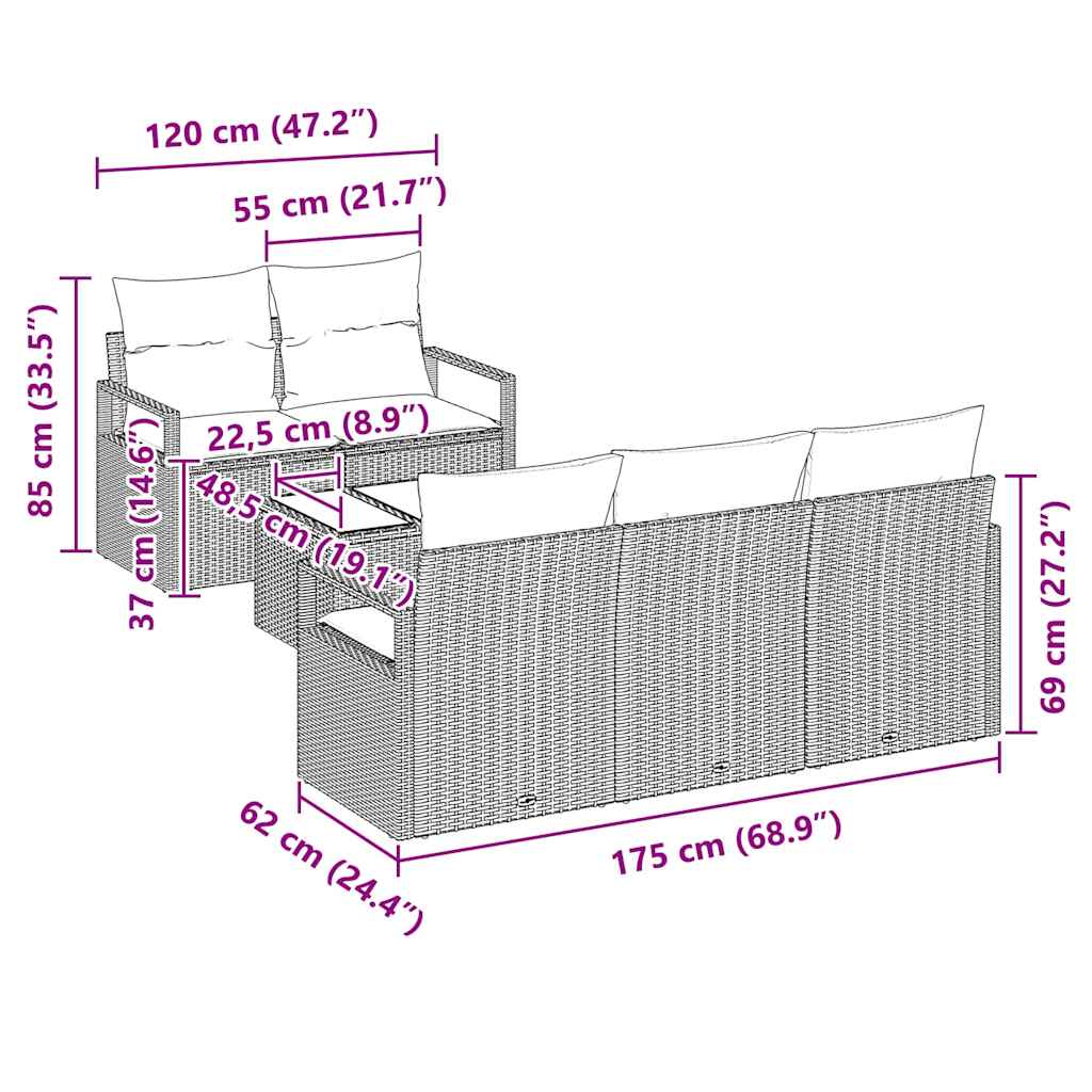 Gartensofa-set mit Kissen 6 pcs Beige und Grau Poly-Rattan