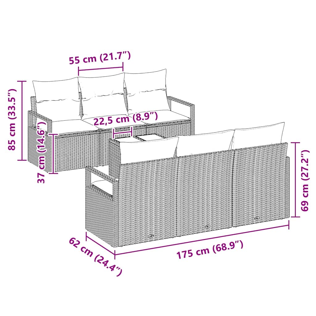 vidaXL Gartensofa-set mit Kissen 7 pcs Schwarz und Creme Poly-Rattan