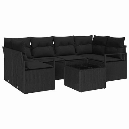 Garten-Sofa-Set 7 pcs Schwarz Poly-Rattan und Stahl und Glas