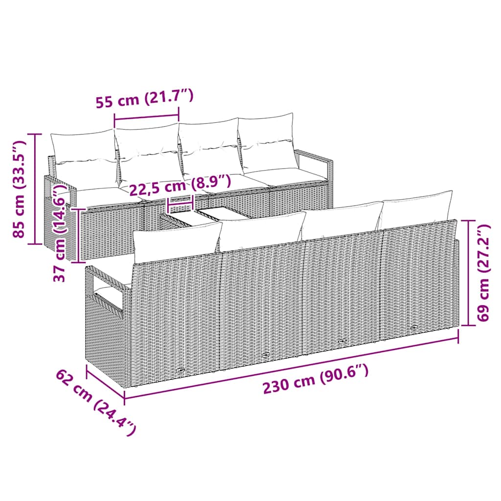 Gartensofa-set mit Kissen mit Speicher 9 pcs Grau Poly-Rattan