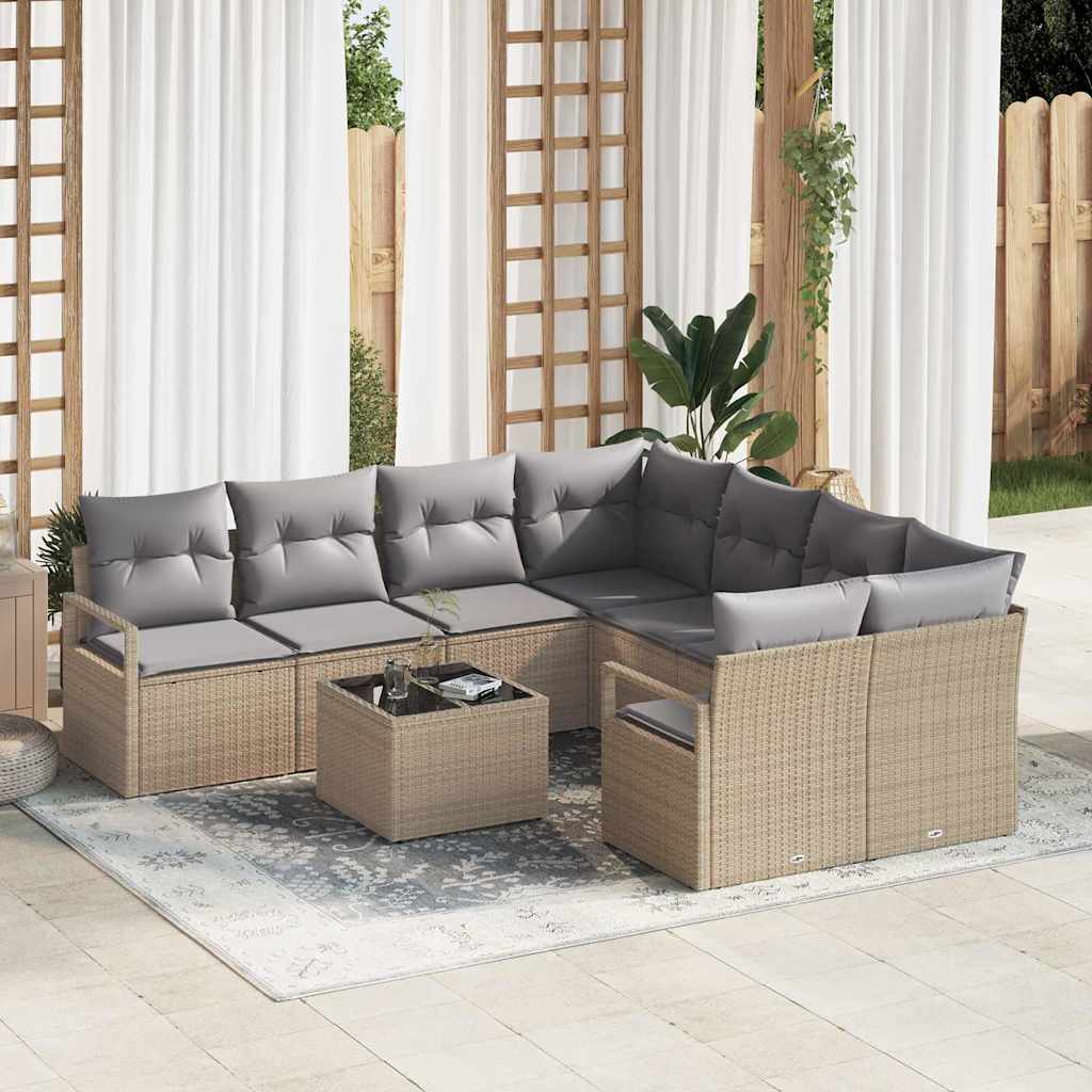 Sofa Set mit Kissen 9 pcs Beige und Grau Poly-Rattan