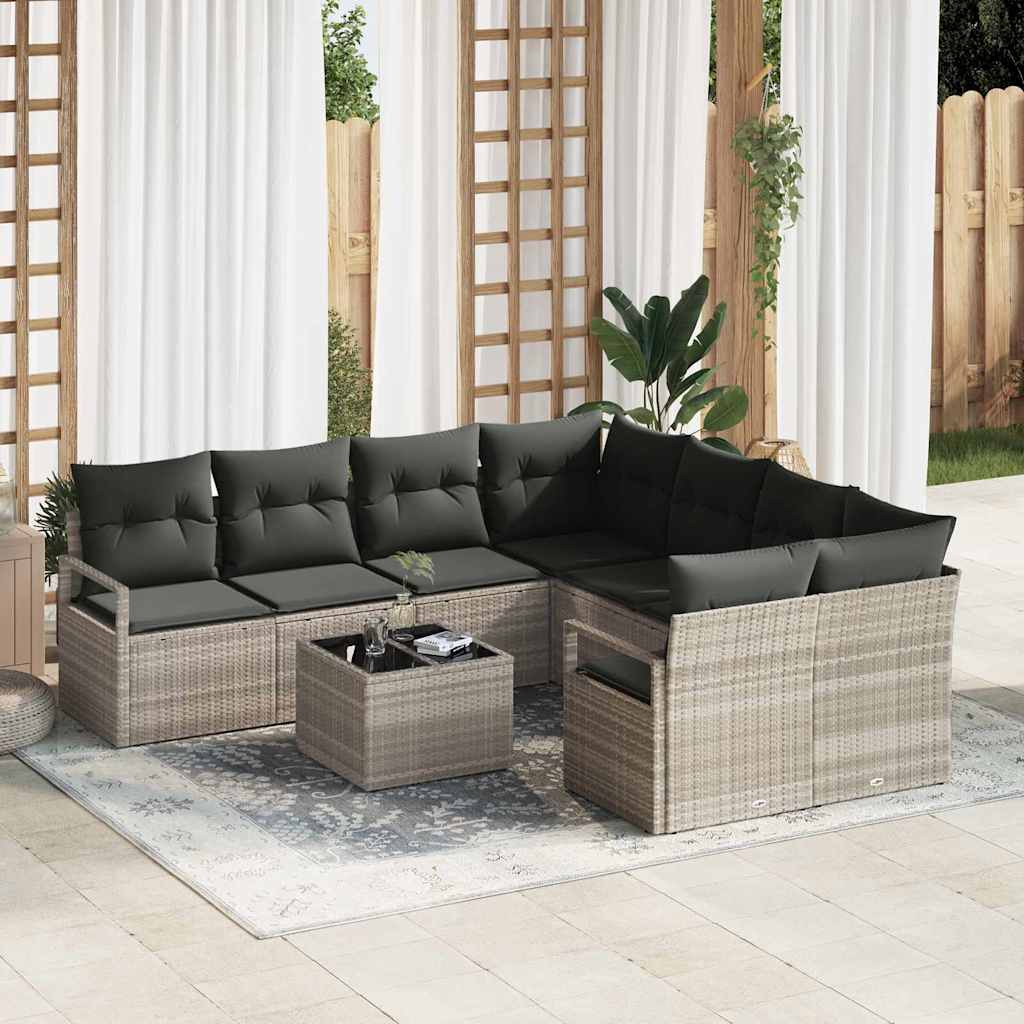 Sofa Set mit Kissen 9 pcs Hellgrau und Dunkelgrau Poly-Rattan