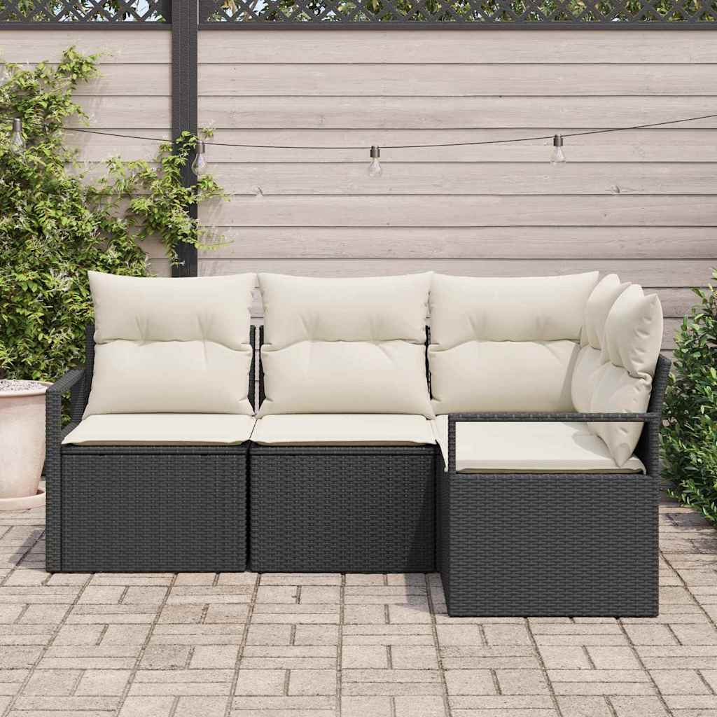 Sofa Set mit Kissen 4 pcs Schwarz und Creme Poly-Rattan