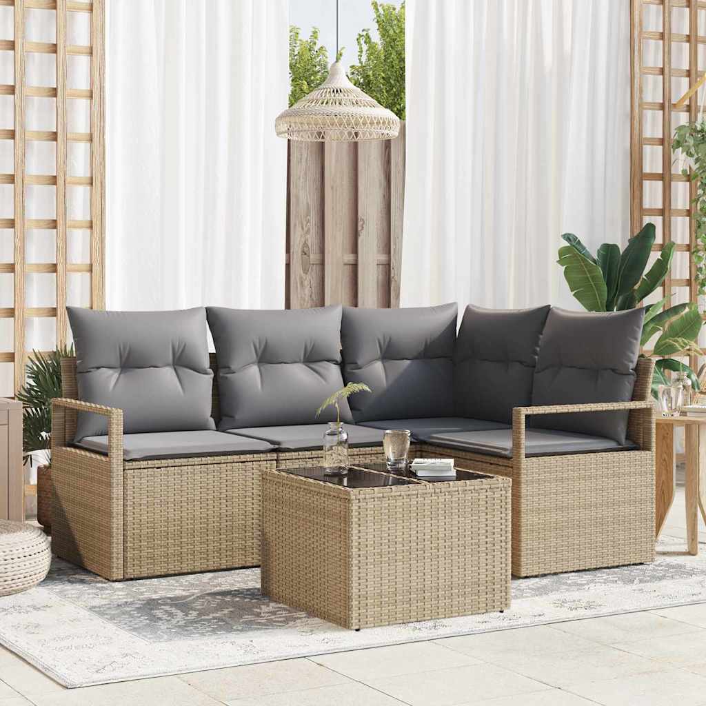 Sofa Set mit Kissen 5 pcs Beige und Hellgrau Poly-Rattan
