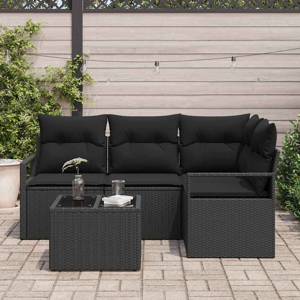 vidaXL Sofa Set mit Kissen mit Speicher 5 pcs Schwarz Poly-Rattan
