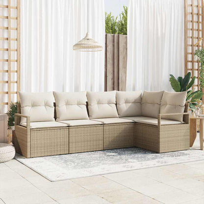Gartensofa-set mit Kissen 5 pcs Beige und Weiß Poly-Rattan