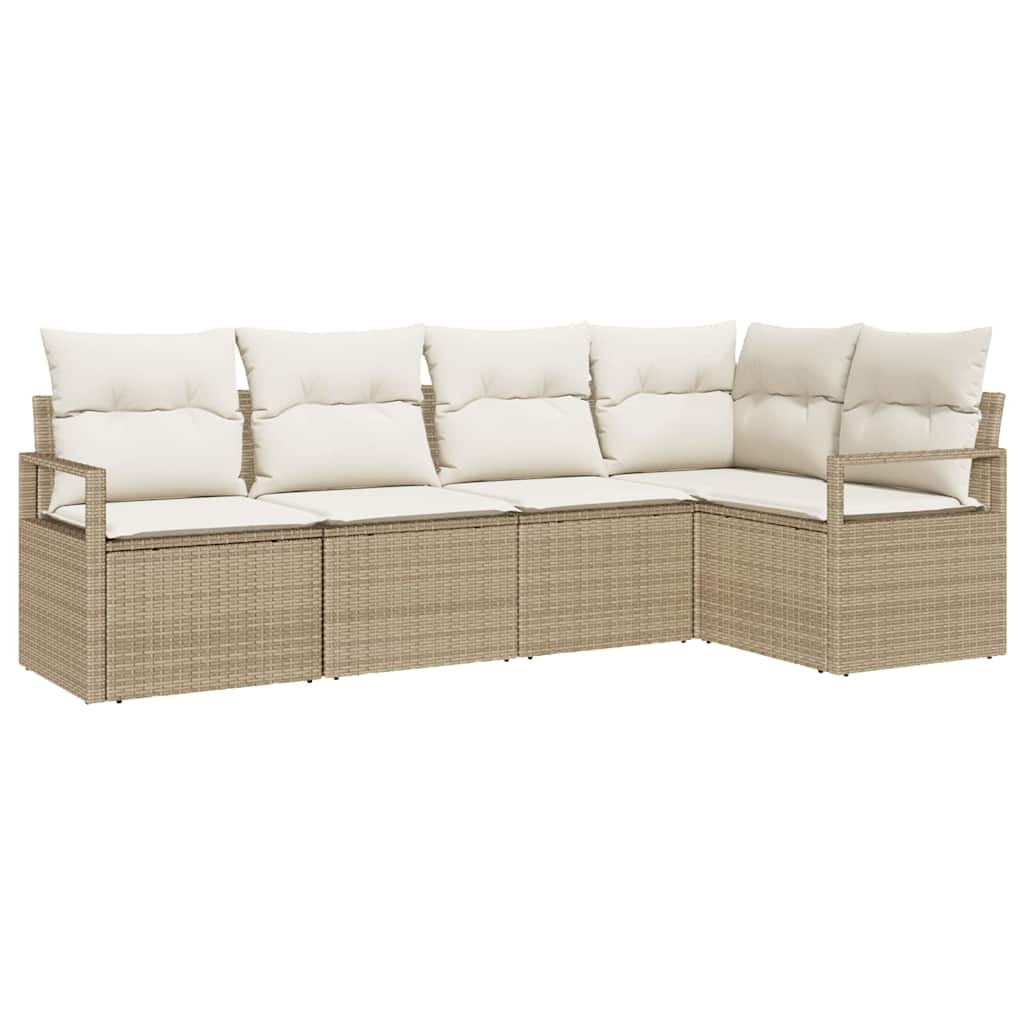 Gartensofa-set mit Kissen 5 pcs Beige und Weiß Poly-Rattan