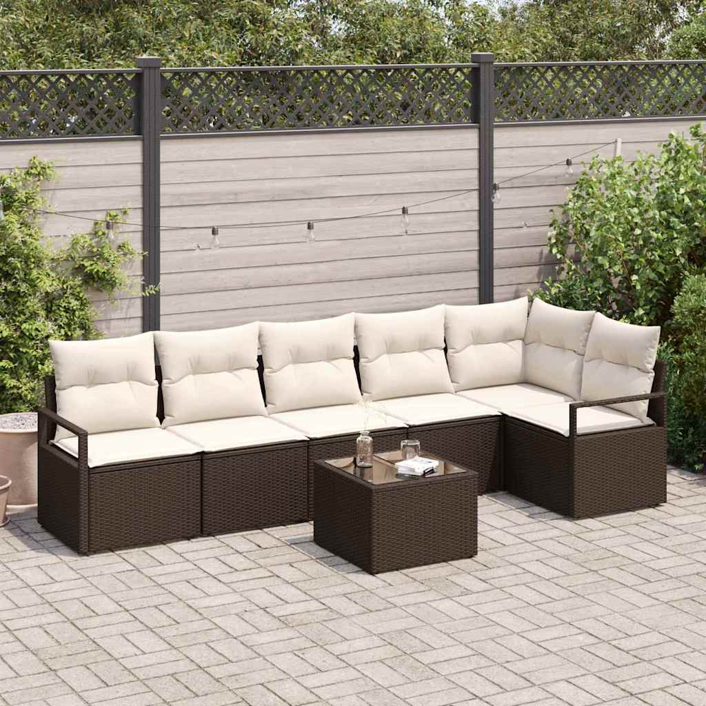 Gartensofa-set mit Kissen 7 pcs Braun und Creme Poly-Rattan