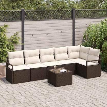 Gartensofa-set mit Kissen 7 pcs Braun und Creme Poly-Rattan