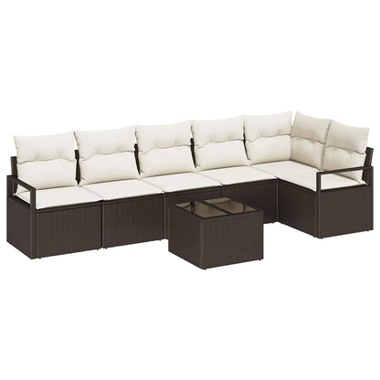Gartensofa-set mit Kissen 7 pcs Braun und Creme Poly-Rattan