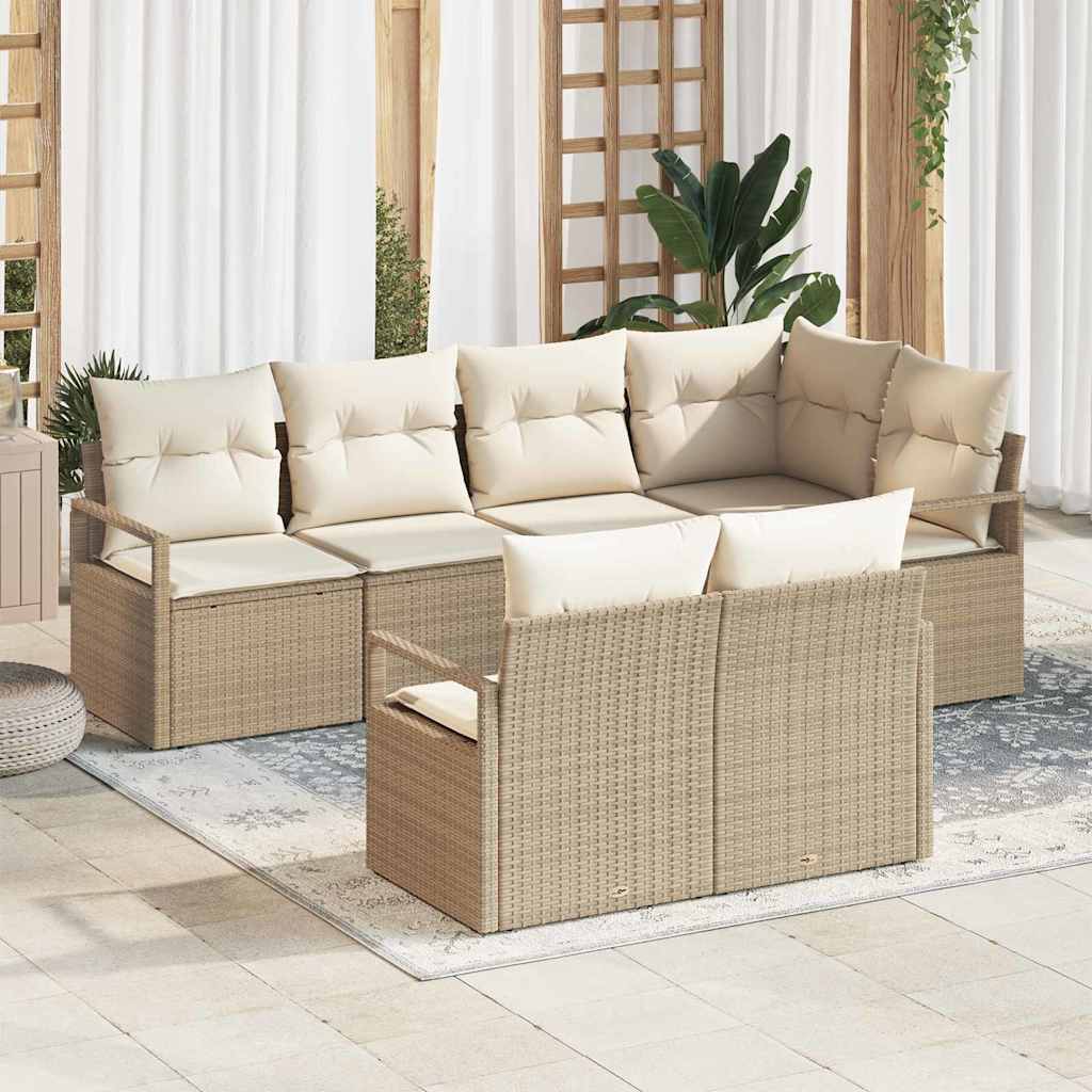 Gartensofa-set mit Kissen 7 pcs Beige und Weiß Poly-Rattan