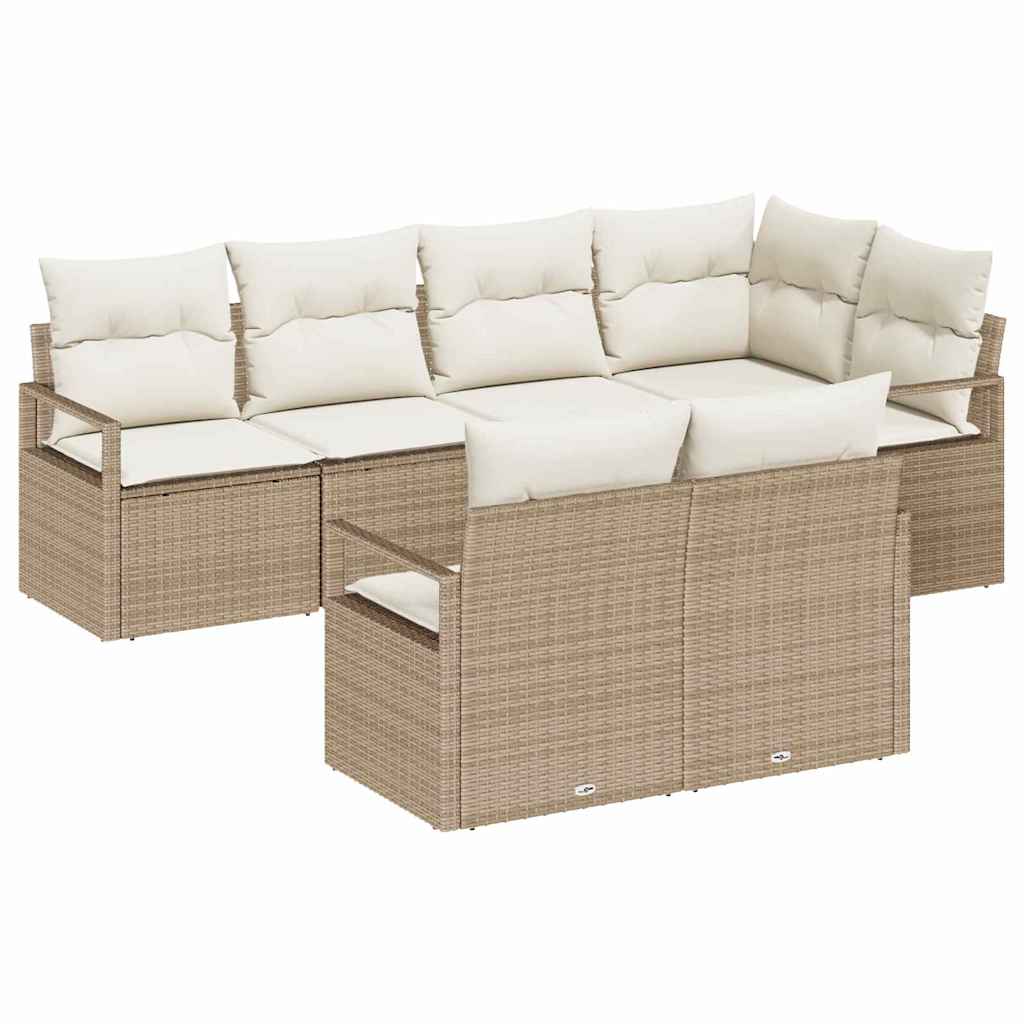 Gartensofa-set mit Kissen 7 pcs Beige und Weiß Poly-Rattan
