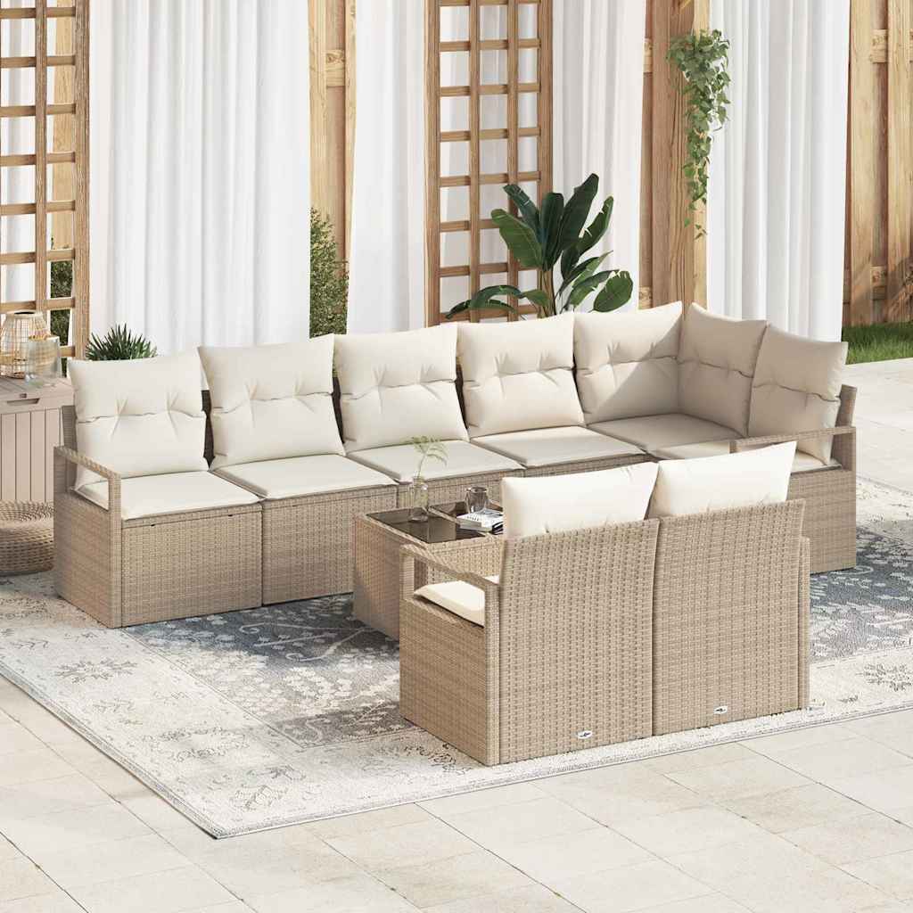 Gartensofa-set mit Kissen 9 pcs Beige und Creme Poly-Rattan