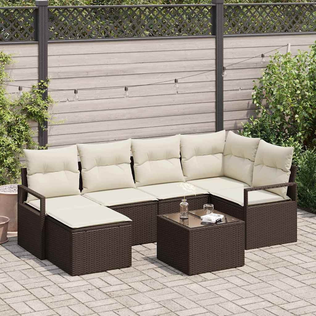Sofa Set mit Kissen 7 pcs Braun und Creme Poly-Rattan