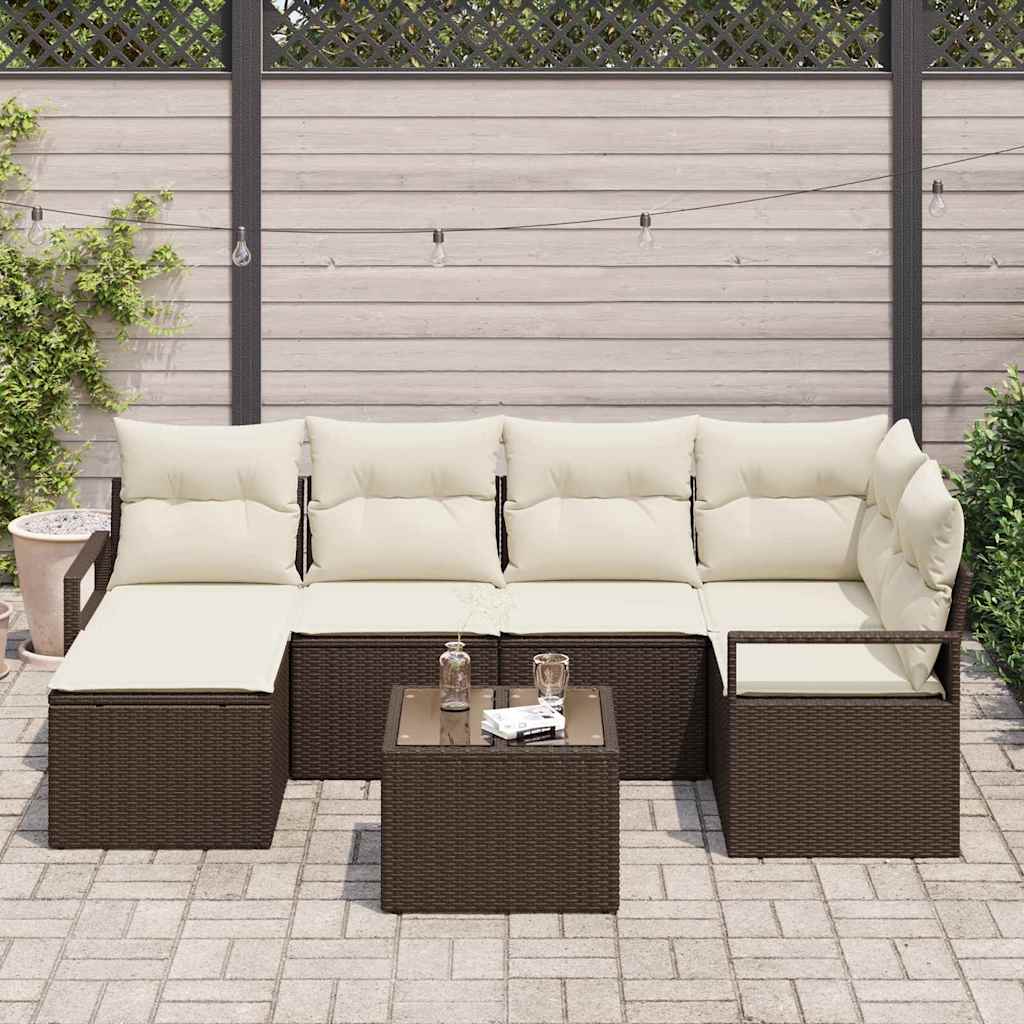 Sofa Set mit Kissen 7 pcs Braun und Creme Poly-Rattan