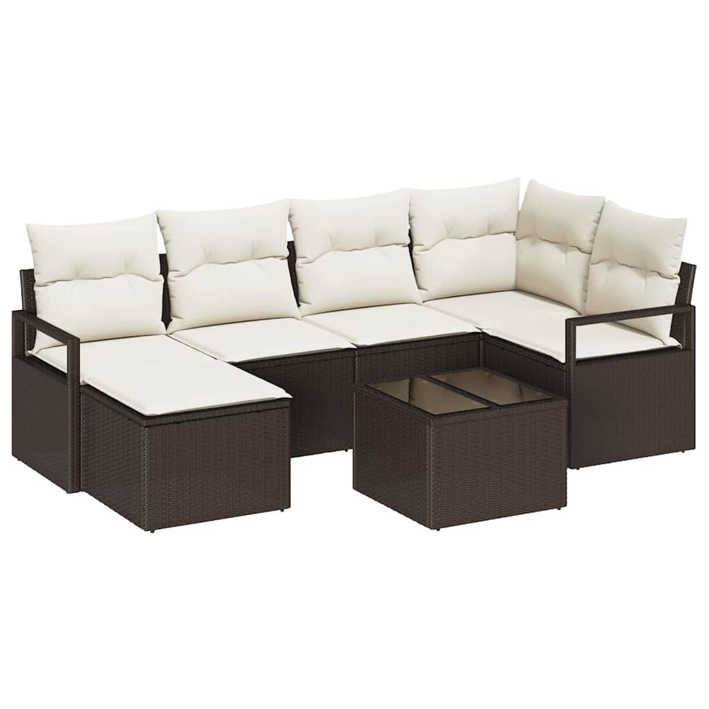 Sofa Set mit Kissen 7 pcs Braun und Creme Poly-Rattan