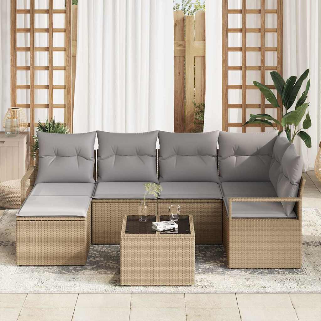 Sofa Set mit Kissen 7 pcs Beige und Hellgrau Poly-Rattan