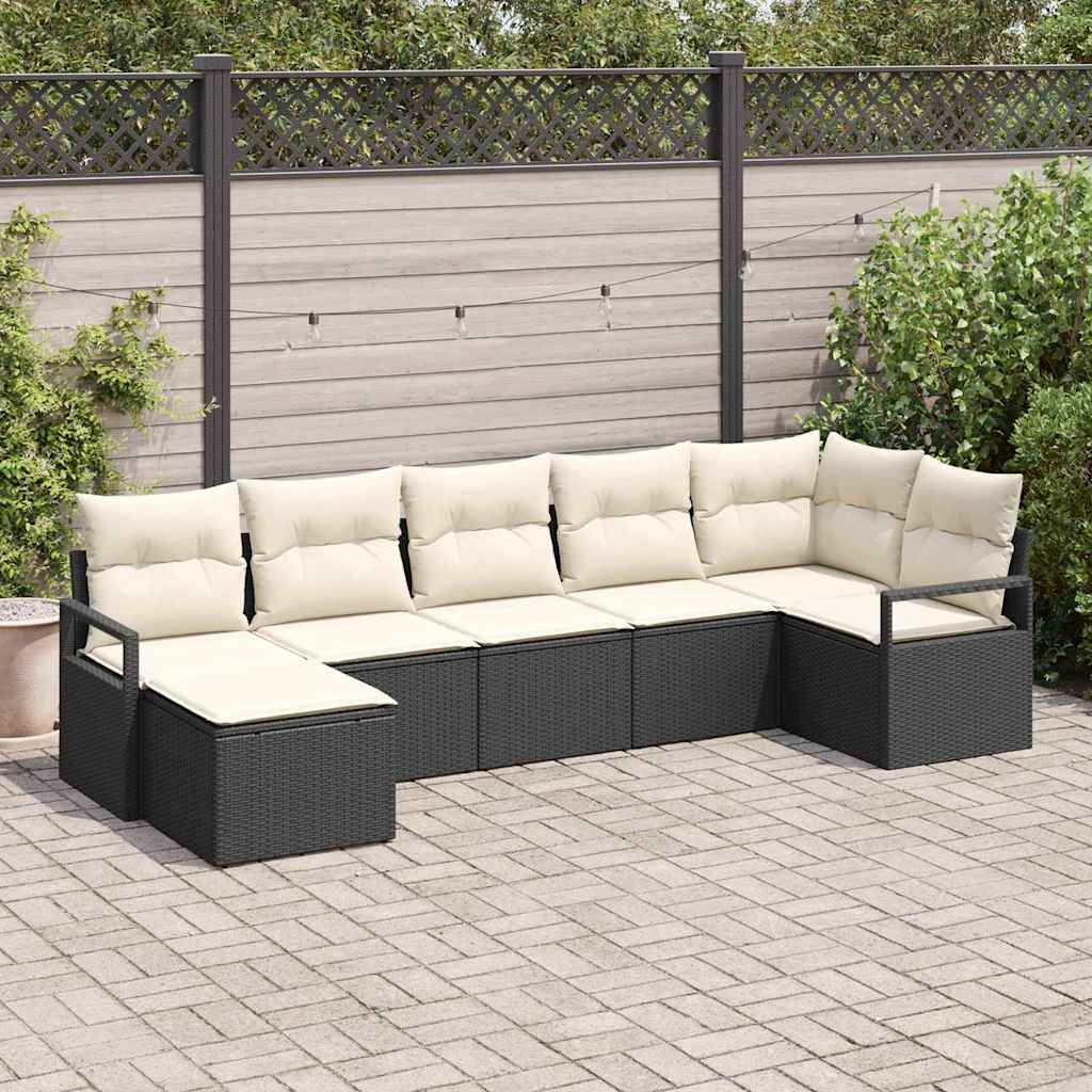 Sofa Set mit Kissen 7 pcs Schwarz und Creme Poly-Rattan