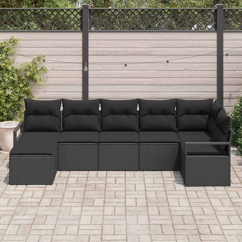 Sofa Set mit Kissen mit Speicher 7 pcs Schwarz Poly-Rattan