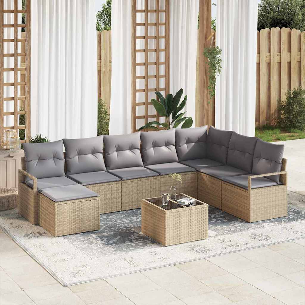 Sofa Set mit Kissen 9 pcs Beige und Hellgrau Poly-Rattan