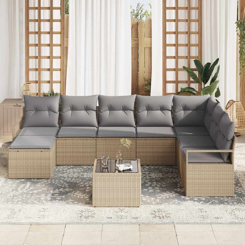 Sofa Set mit Kissen 9 pcs Beige und Hellgrau Poly-Rattan
