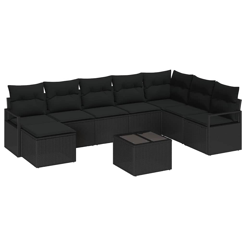 Sofa Set mit Kissen mit Speicher 9 pcs Schwarz Poly-Rattan