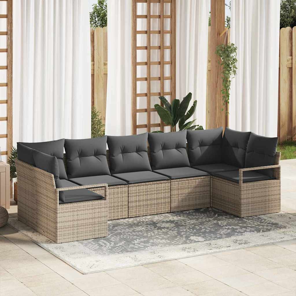 Gartensofa-set mit Kissen mit Speicher 7 pcs Grau Poly-Rattan