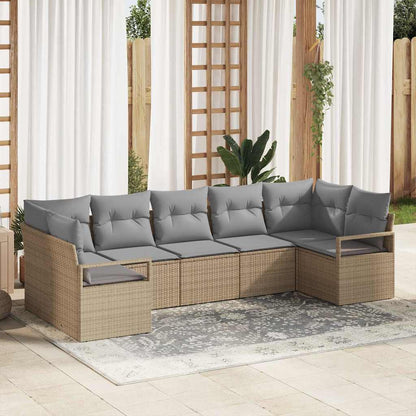 Gartensofa-set mit Kissen 7 pcs Beige und Hellgrau Poly-Rattan