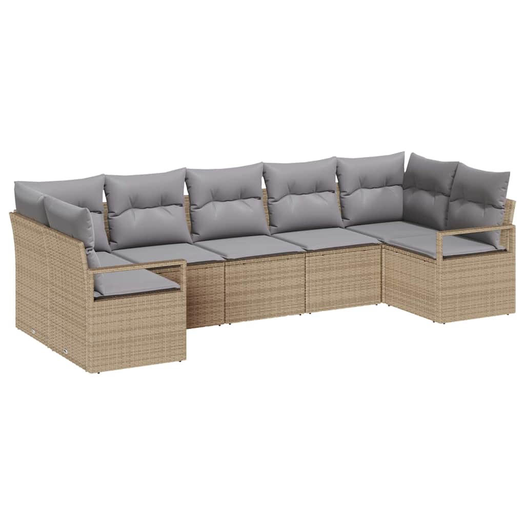 Gartensofa-set mit Kissen 7 pcs Beige und Hellgrau Poly-Rattan