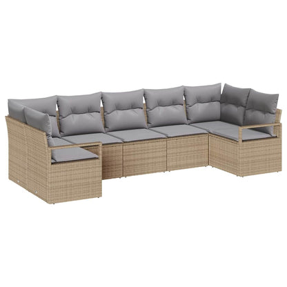 Gartensofa-set mit Kissen 7 pcs Beige und Hellgrau Poly-Rattan
