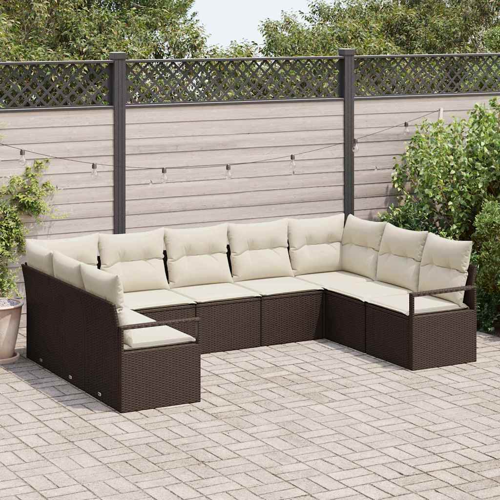 Gartensofa-set mit Kissen 9 pcs Braun und Weiß Poly-Rattan