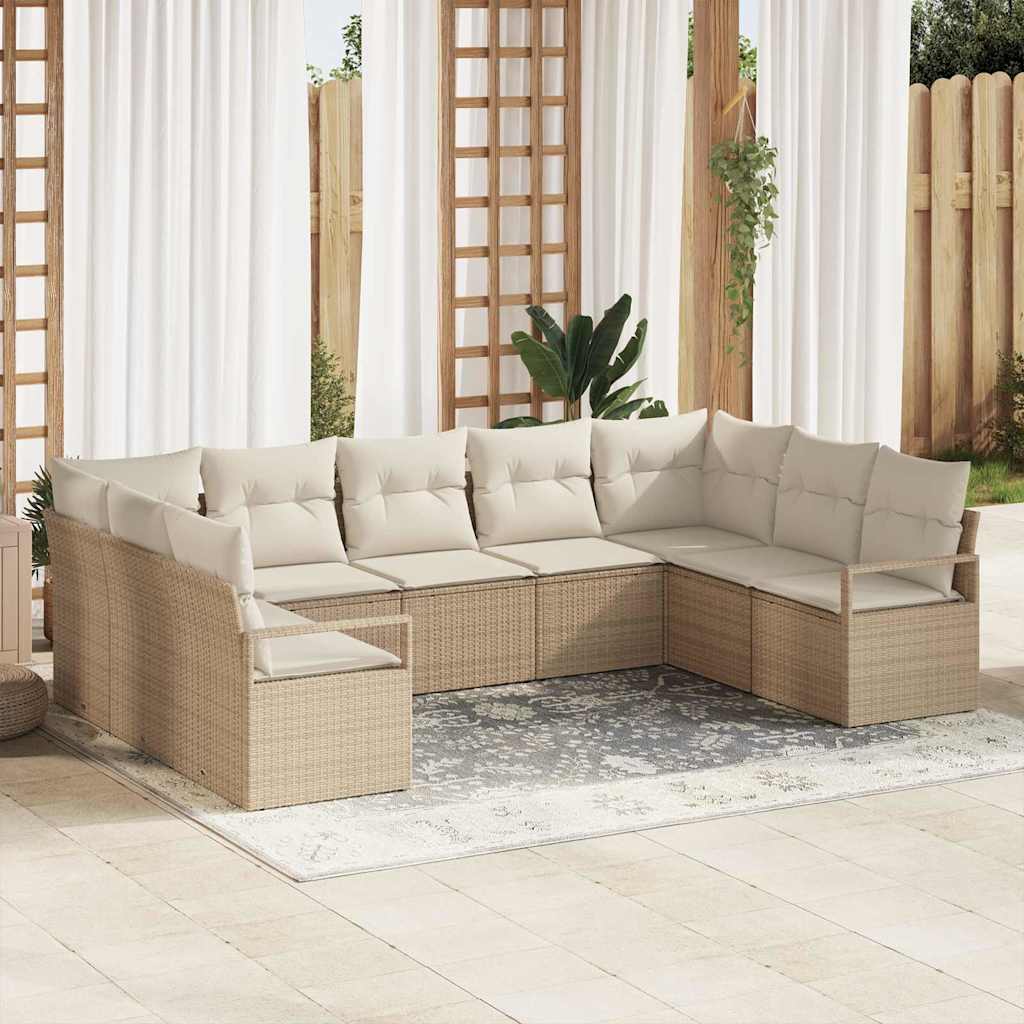 Gartensofa-set mit Kissen 9 pcs Beige und Weiß Poly-Rattan
