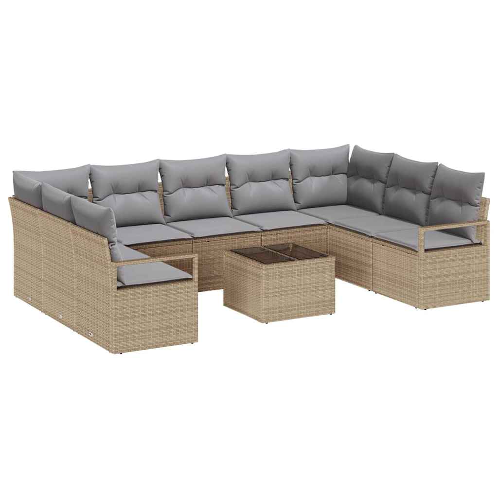Gartensofa-set mit Kissen 10 pcs Beige und Hellgrau Poly-Rattan