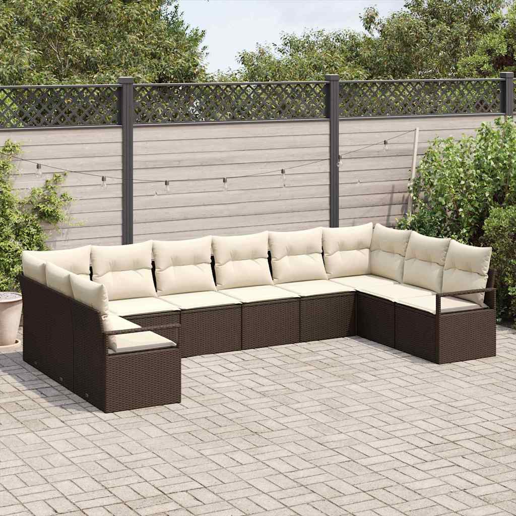 Gartensofa-set mit Kissen 10 pcs Braun und Weiß Poly-Rattan