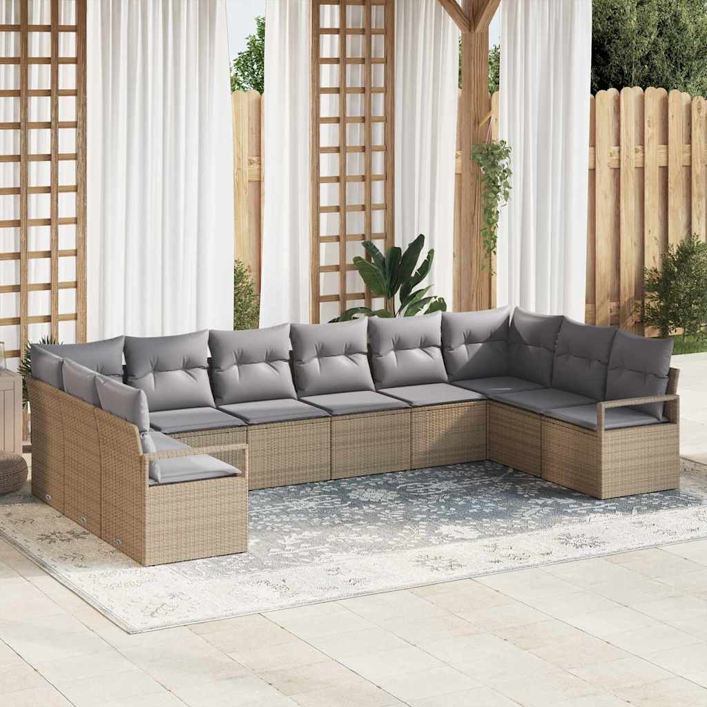Gartensofa-set mit Kissen 10 pcs Beige und Hellgrau Poly-Rattan
