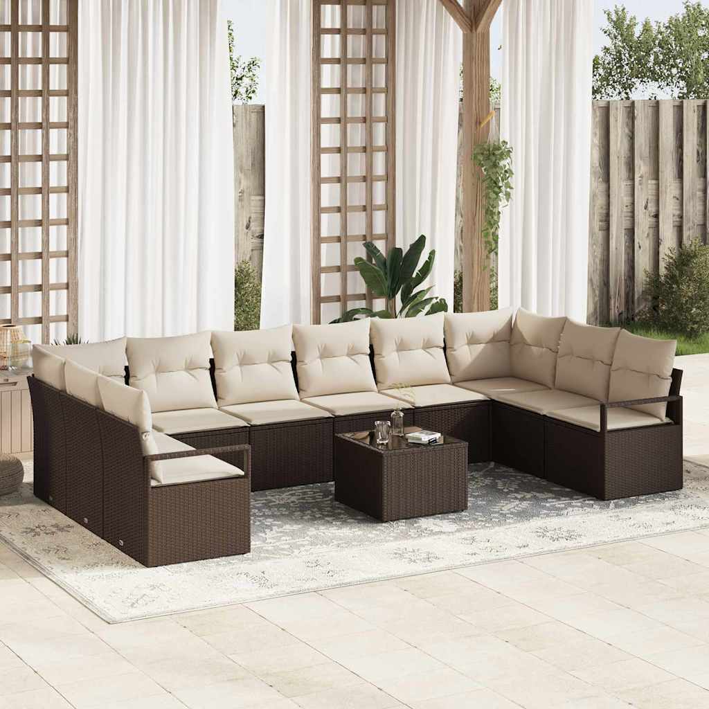 Gartensofa-set mit Kissen 11 pcs Braun und Creme Poly-Rattan