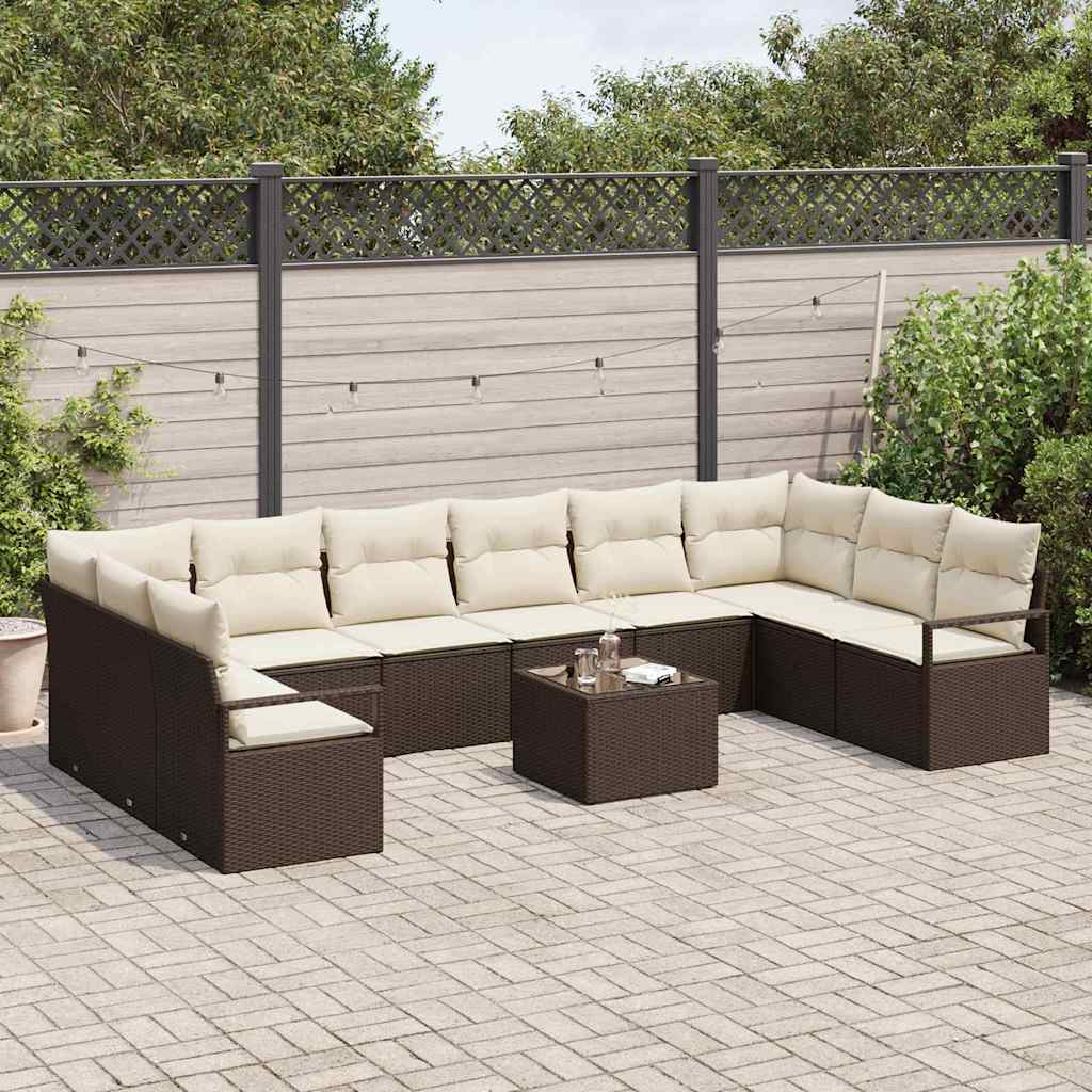 Gartensofa-set mit Kissen 11 pcs Braun und Creme Poly-Rattan