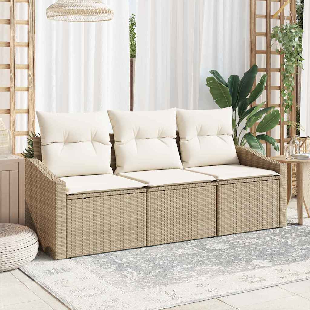 Gartensofa-set mit Kissen 3 pcs Beige und Weiß Poly-Rattan