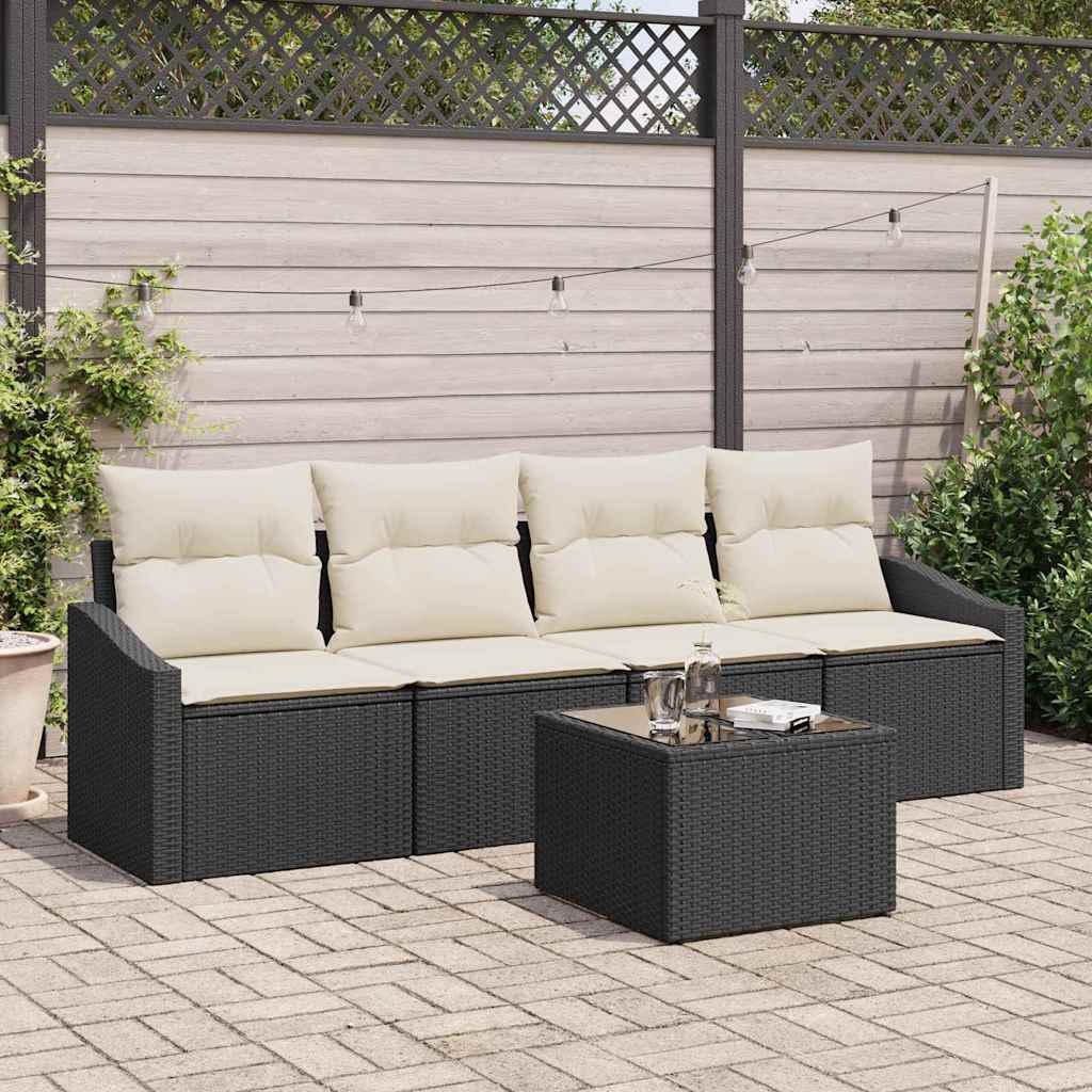 Sofa Set mit Kissen 5 pcs Schwarz und Creme Poly-Rattan