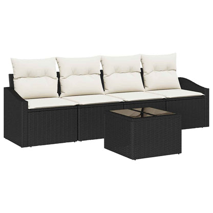 Sofa Set mit Kissen 5 pcs Schwarz und Creme Poly-Rattan