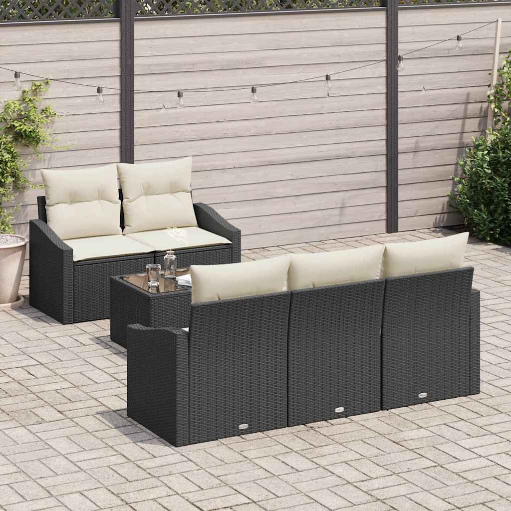 Sofa Set mit Kissen 6 pcs Schwarz und Creme Poly-Rattan