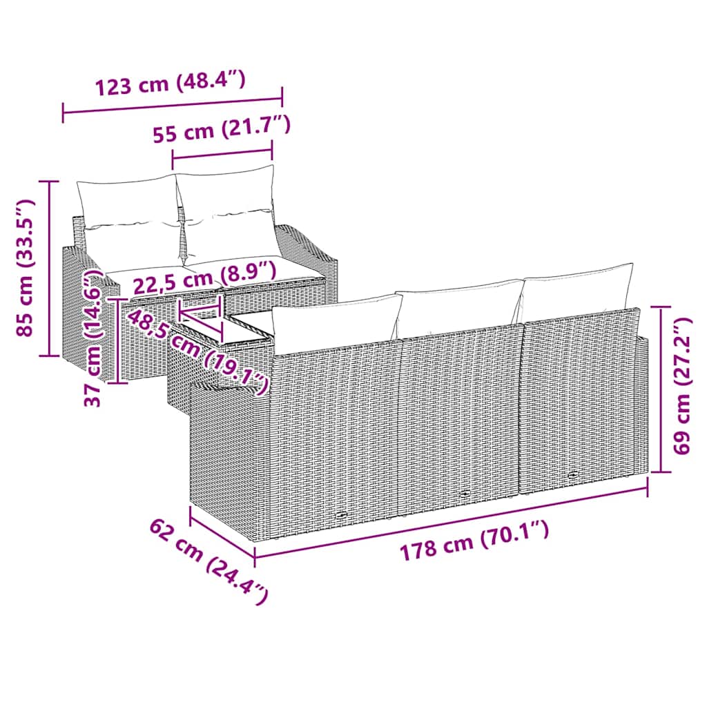 Sofa Set mit Kissen 6 pcs Braun und Creme Poly-Rattan