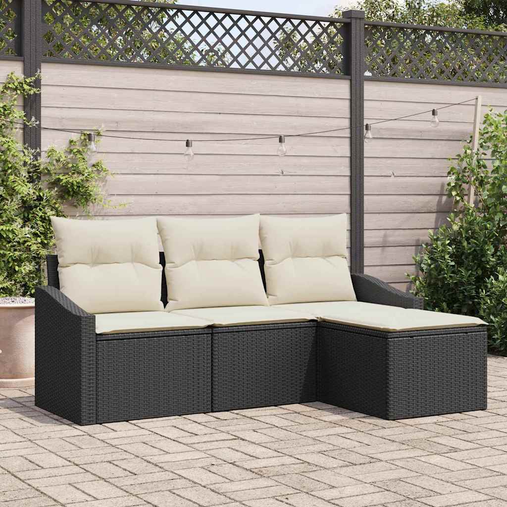 Sofa Set mit Kissen 4 pcs Schwarz und Creme Poly-Rattan