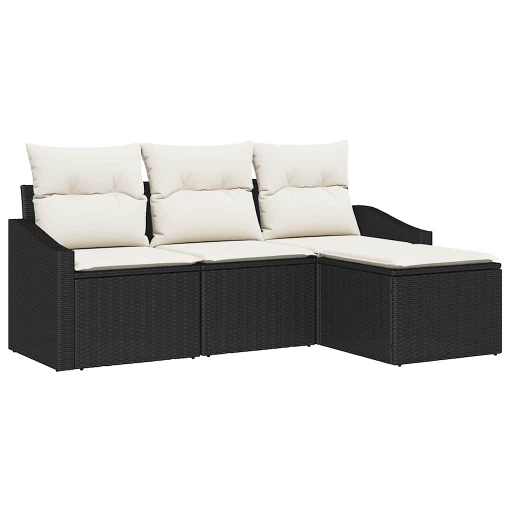 Sofa Set mit Kissen 4 pcs Schwarz und Creme Poly-Rattan